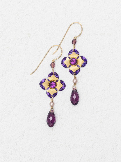 Octavia Earrings - Royal Purple floral design with crystal and pearl drop by HOLLY YASHI HCO