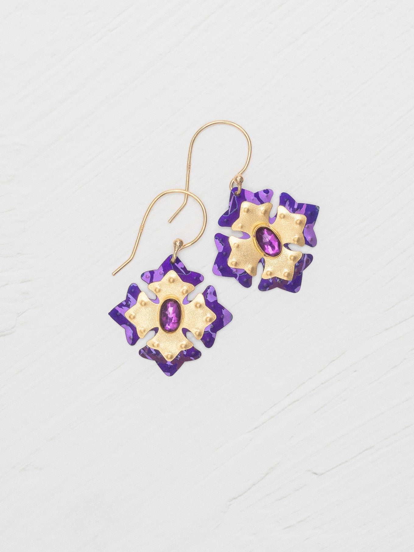 Elizabeth Medallion Earrings - Royal Purple with gold niobium crosses and crystal by HOLLY YASHI, Women's Jewelry HCO