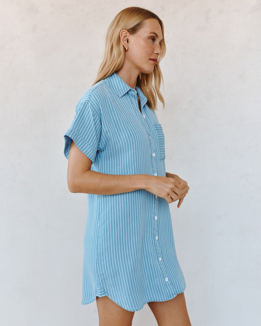 Roll Sleeve Pocket Shirt Dress - Coastal Stripe