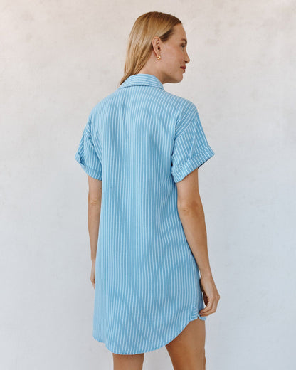Roll Sleeve Pocket Shirt Dress - Coastal Stripe