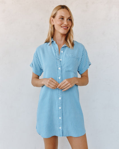 Roll Sleeve Pocket Shirt Dress - Coastal Stripe