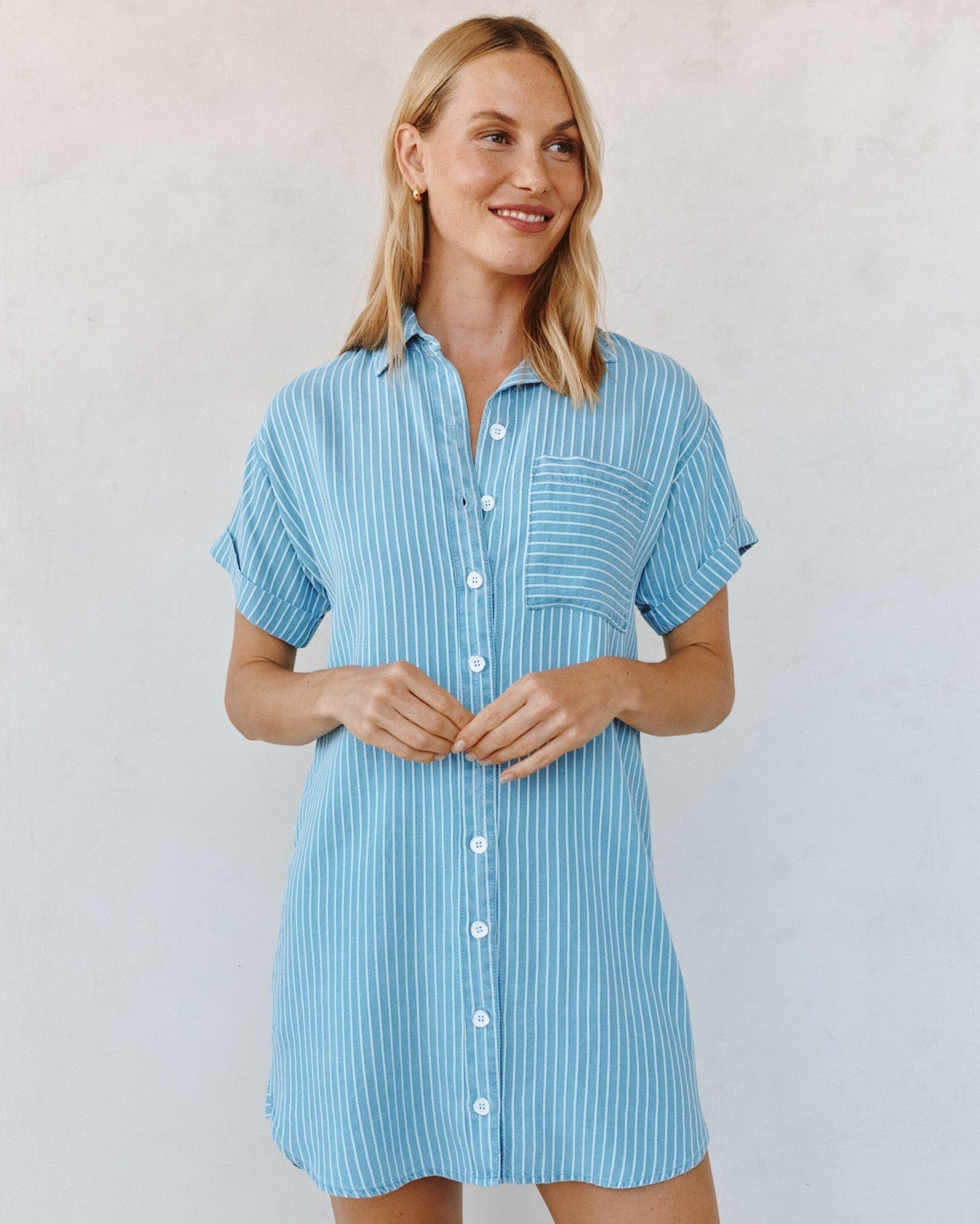 Roll Sleeve Pocket Shirt Dress - Coastal Stripe