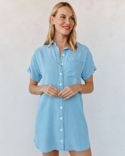 Roll Sleeve Pocket Shirt Dress - Coastal Stripe