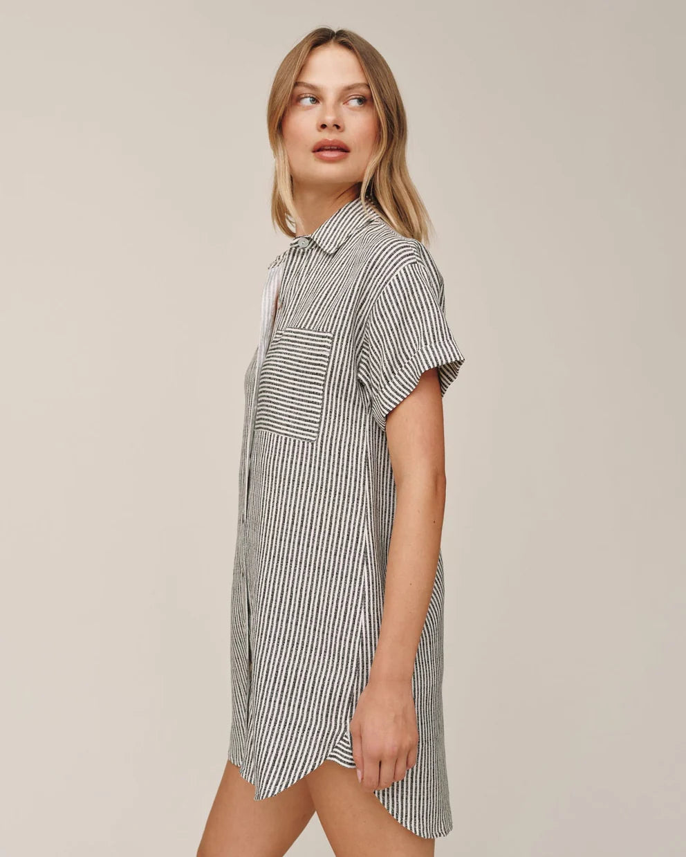 Roll Sleeve Pocket Shirt Dress - Hatch Stripe