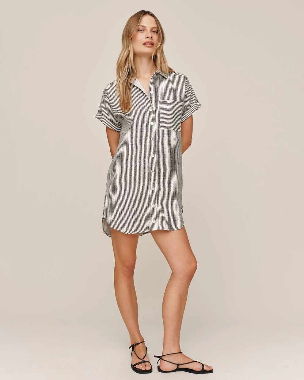 Roll Sleeve Pocket Shirt Dress - Hatch Stripe
