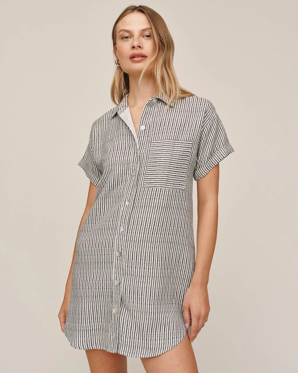 Roll Sleeve Pocket Shirt Dress - Hatch Stripe