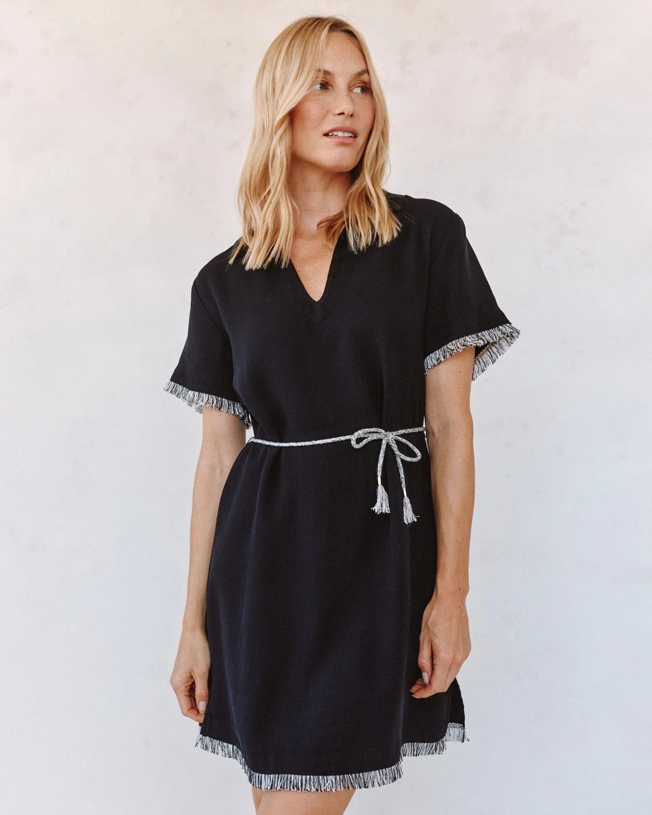 Short Sleeve Fray Edge Mini Dress - Black with tassel waistbelt by BELLA DAHL, Fredericksburg TX boutique