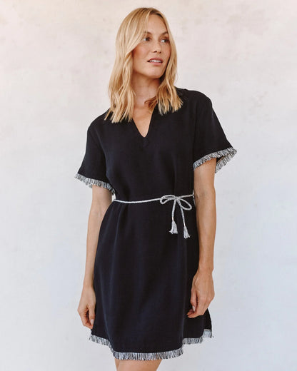 Short Sleeve Fray Edge Mini Dress - Black with tassel waistbelt by BELLA DAHL, Fredericksburg TX boutique