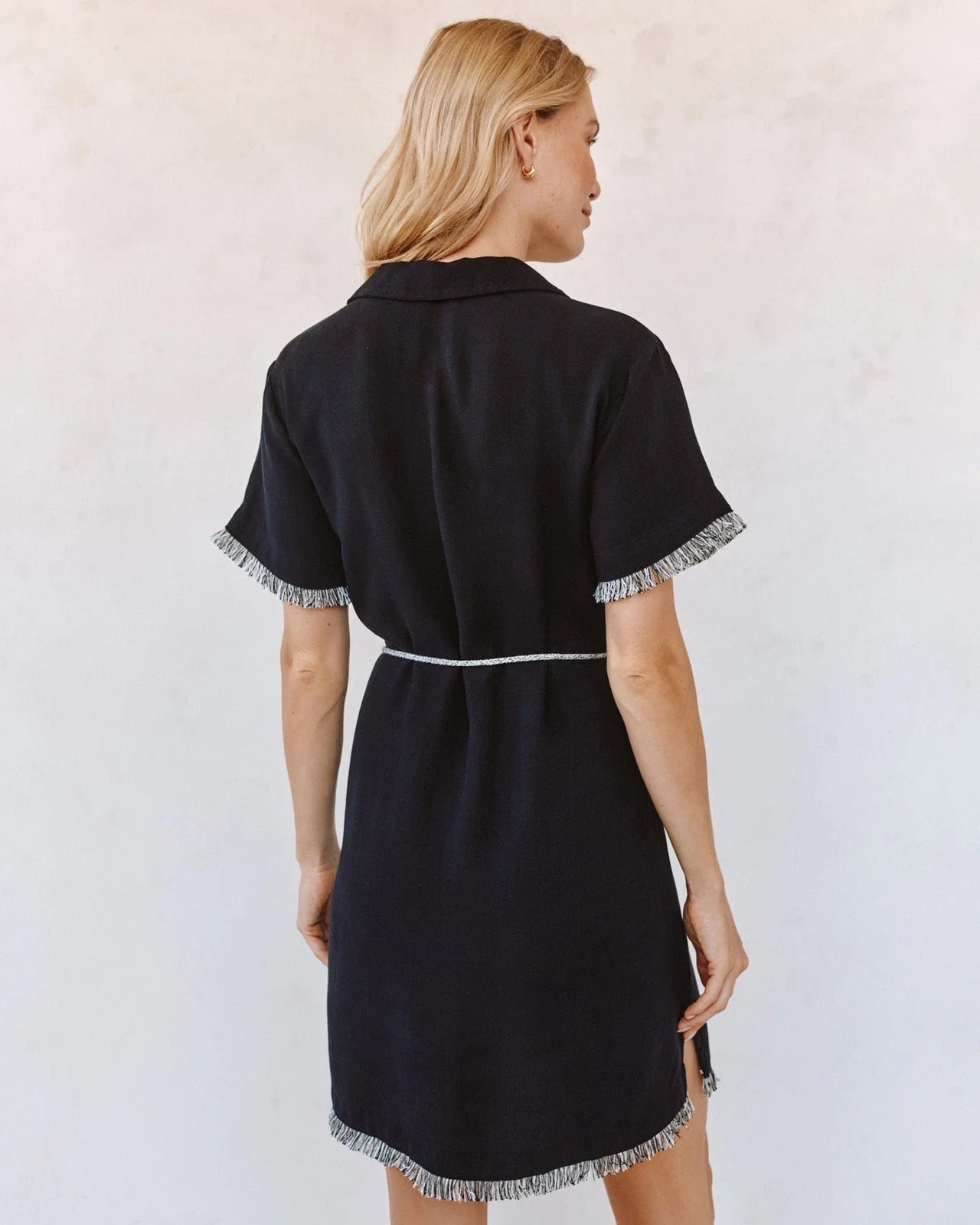 Short Sleeve Fray Edge Mini Dress - Black with fringed trim and tassel belt, hand-curated Fredericksburg