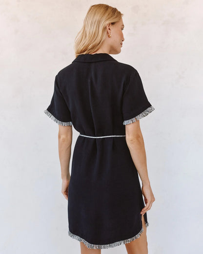 Short Sleeve Fray Edge Mini Dress - Black with fringed trim and tassel belt, hand-curated Fredericksburg