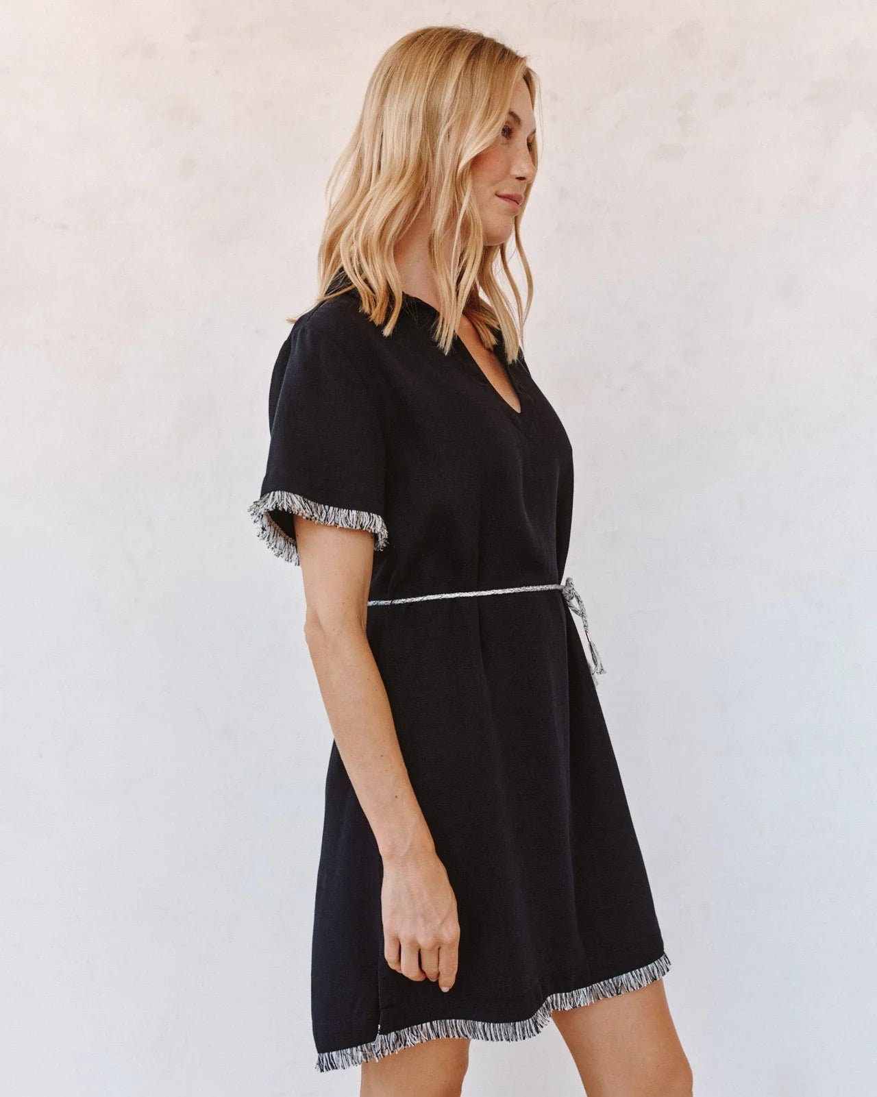 Short Sleeve Fray Edge Mini Dress - Black with tassel waistbelt from Bella Dahl, Fredericksburg boutique