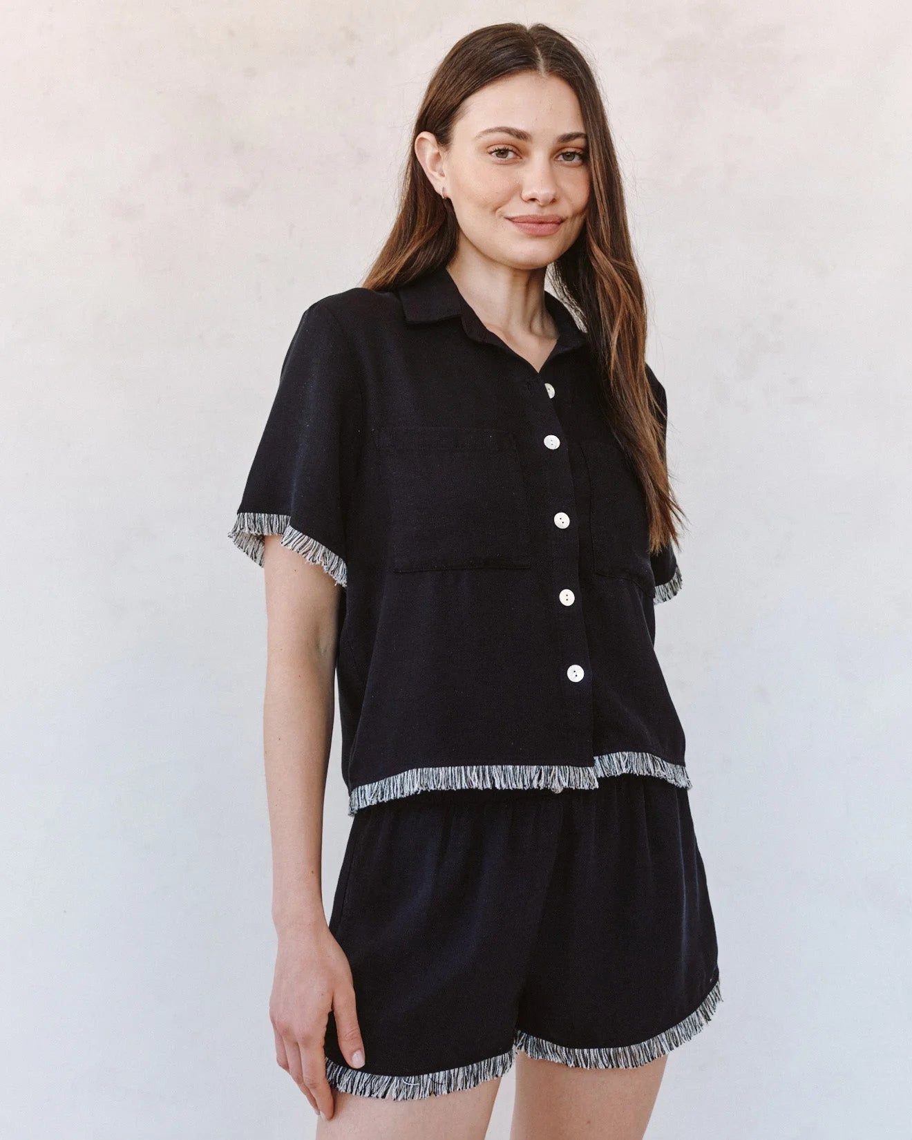 Short Sleeve Fray Trim Shirt - Black with artisan frayed edges by BELLA DAHL, Women's Short Sleeve Shirts