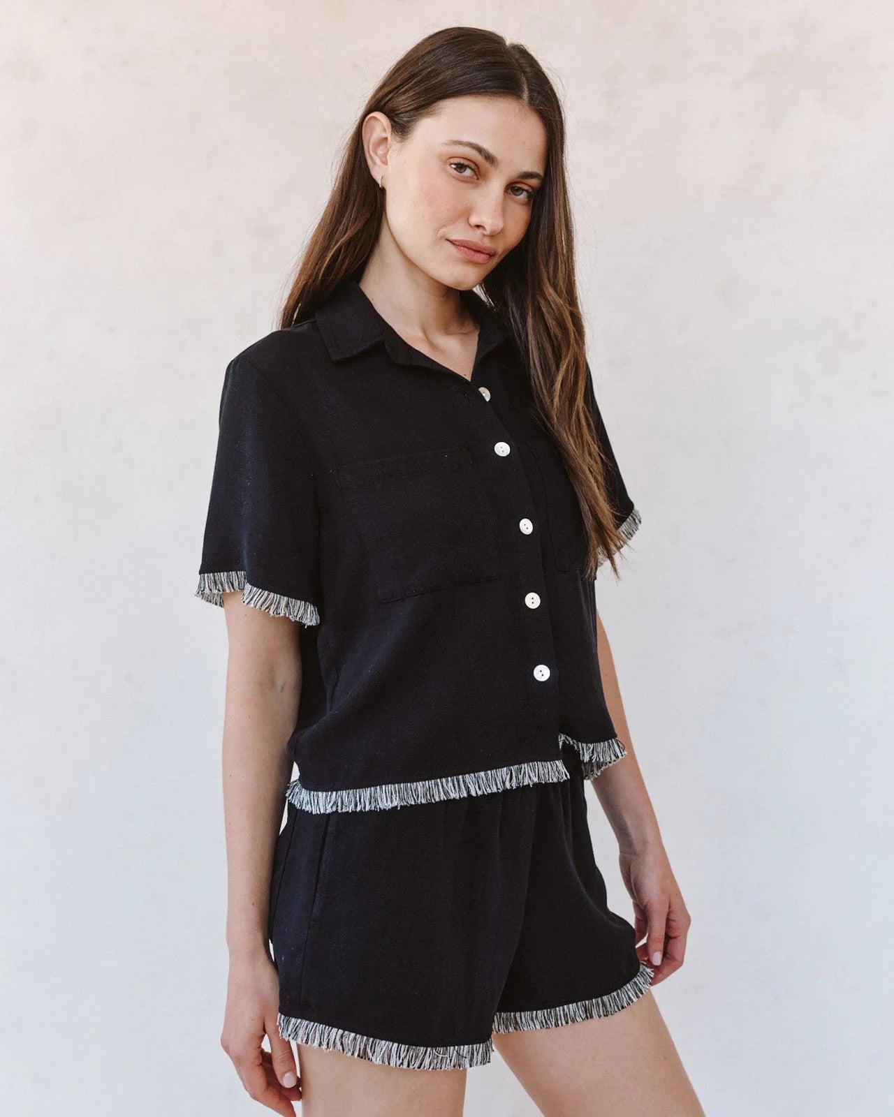 Short Sleeve Fray Trim Shirt - Black by BELLA DAHL in Women's Short Sleeve Shirts at HCO, Fredericksburg