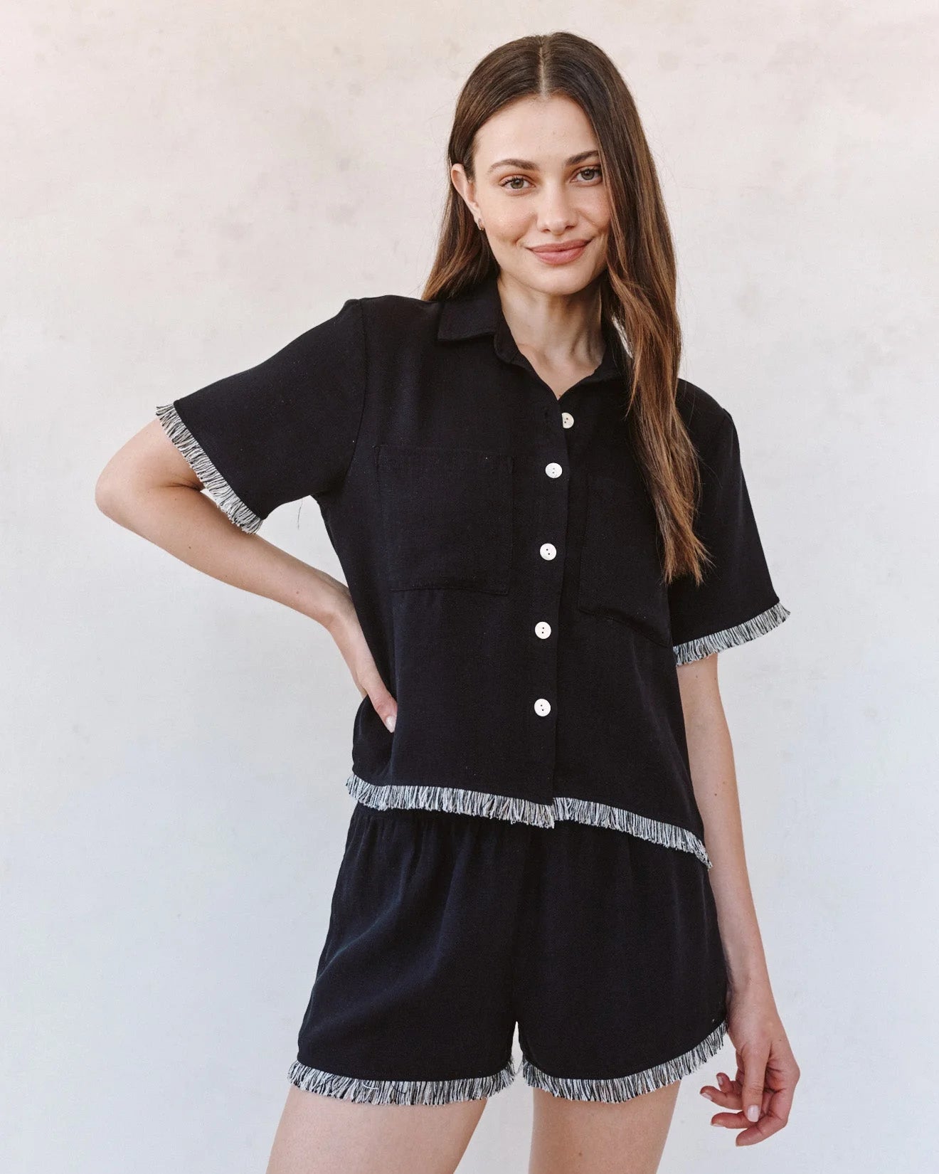 Short Sleeve Fray Trim Shirt - Black by BELLA DAHL in Women's Short Sleeve Shirts HCO collection