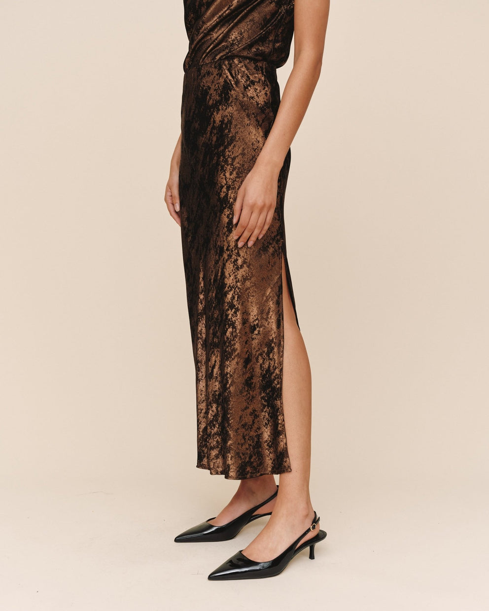 Side Slit Bias Maxi Skirt - Bronze Shimmer