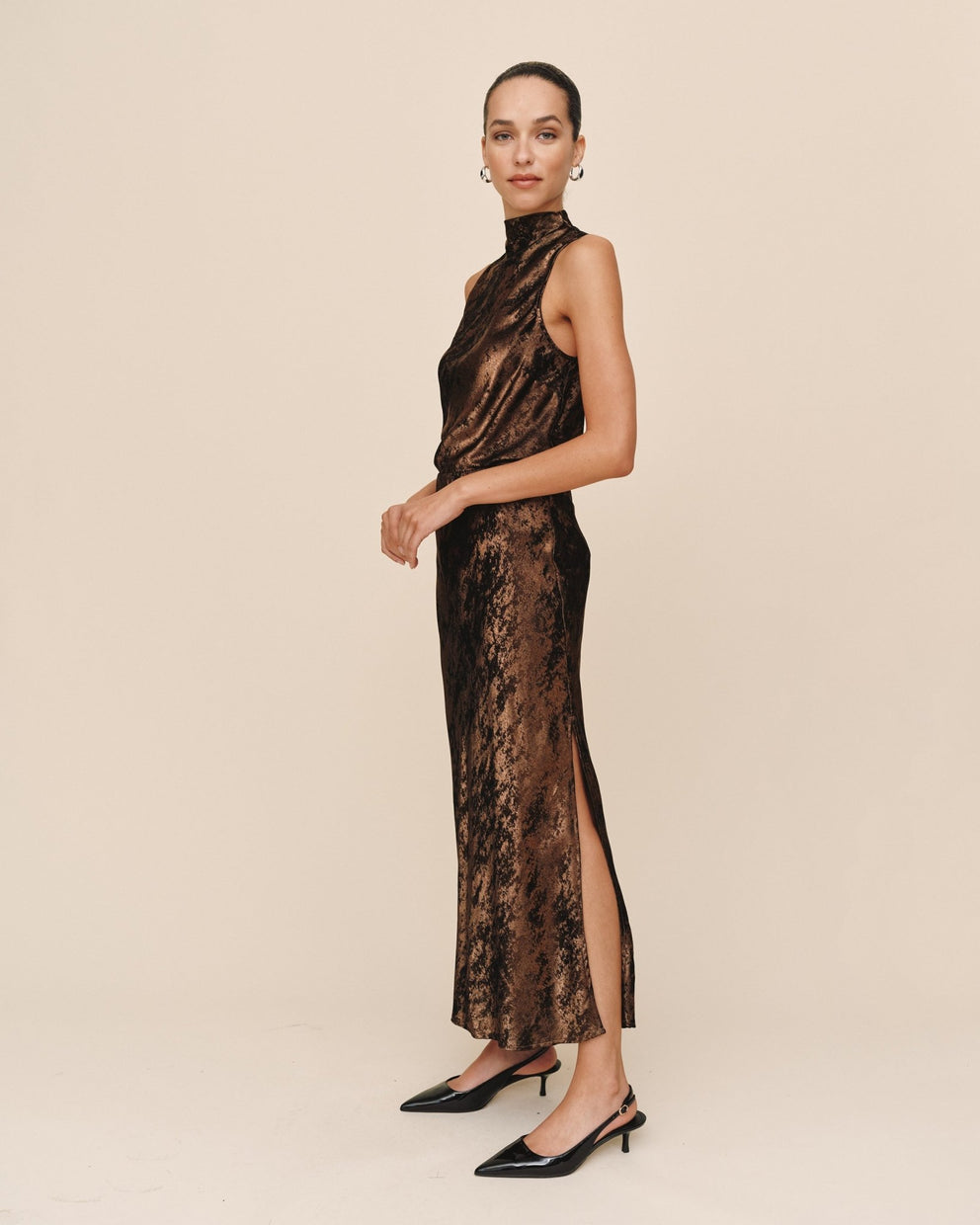 Side Slit Bias Maxi Skirt - Bronze Shimmer