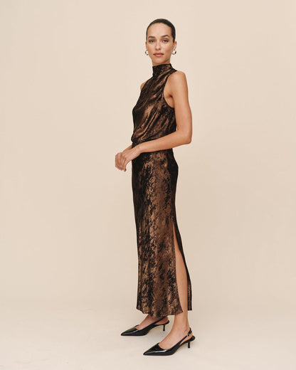 Side Slit Bias Maxi Skirt - Bronze Shimmer
