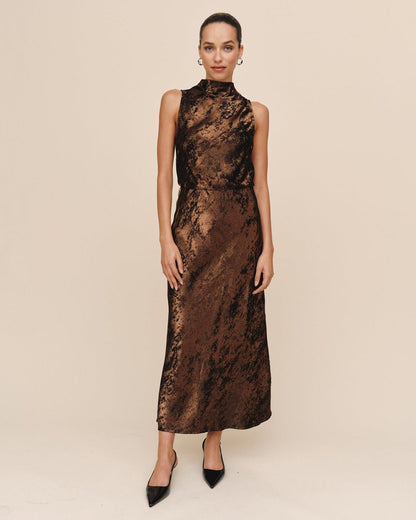 Side Slit Bias Maxi Skirt - Bronze Shimmer