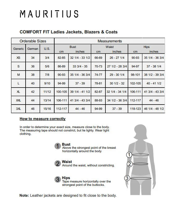 Juneau Cf size chart with measurements for women’s jackets by MAURITIUS at Hill Country boutique