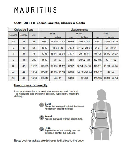 Juneau Cf size chart with measurements for women’s jackets by MAURITIUS at Hill Country boutique