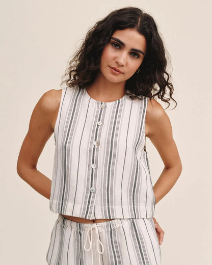 Sleeveless Button Front Top - Boardwalk Stripe, striped linen blend by BELLA DAHL, Hill Country style