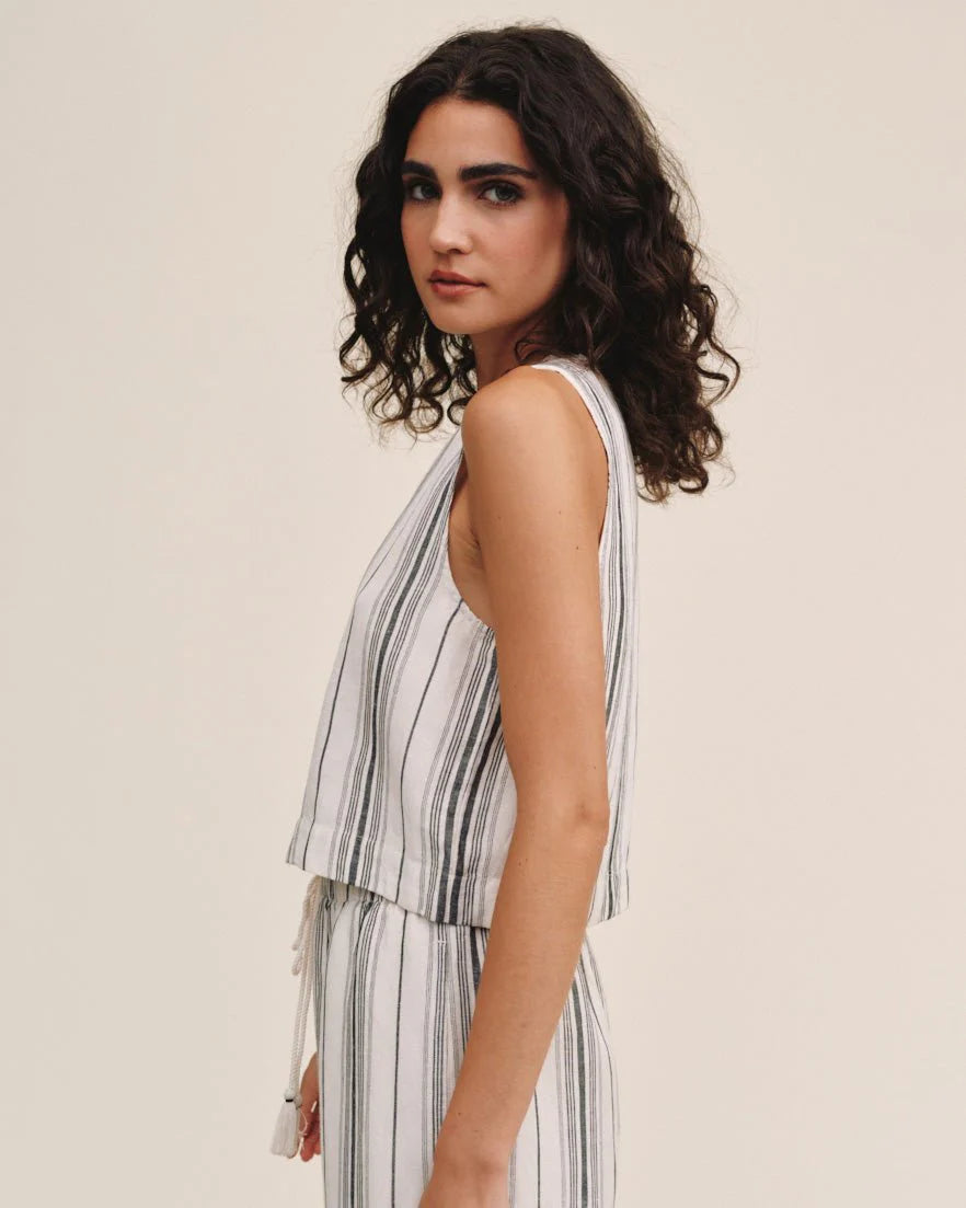 Sleeveless Button Front Top - Boardwalk Stripe, beige striped linen blend by BELLA DAHL, curated in Fredericksburg TX