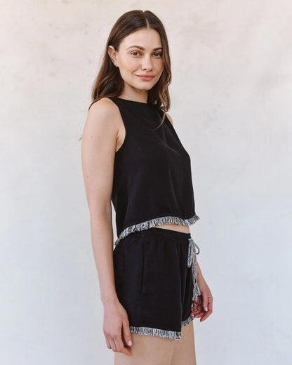 Sleeveless Fray Trim - Black tank with frayed edges by BELLA DAHL in Women’s shirts HCO collection