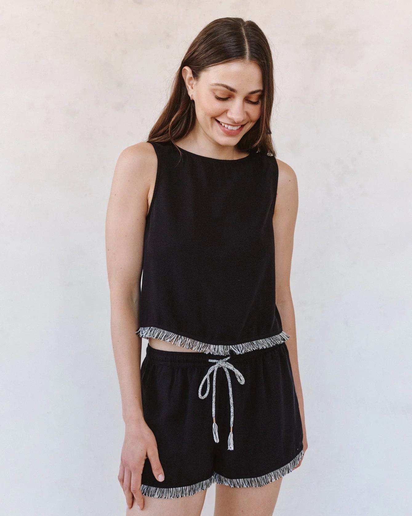 Sleeveless Fray Trim - Black tank by BELLA DAHL in Women's Short Sleeve Shirts HCO collection