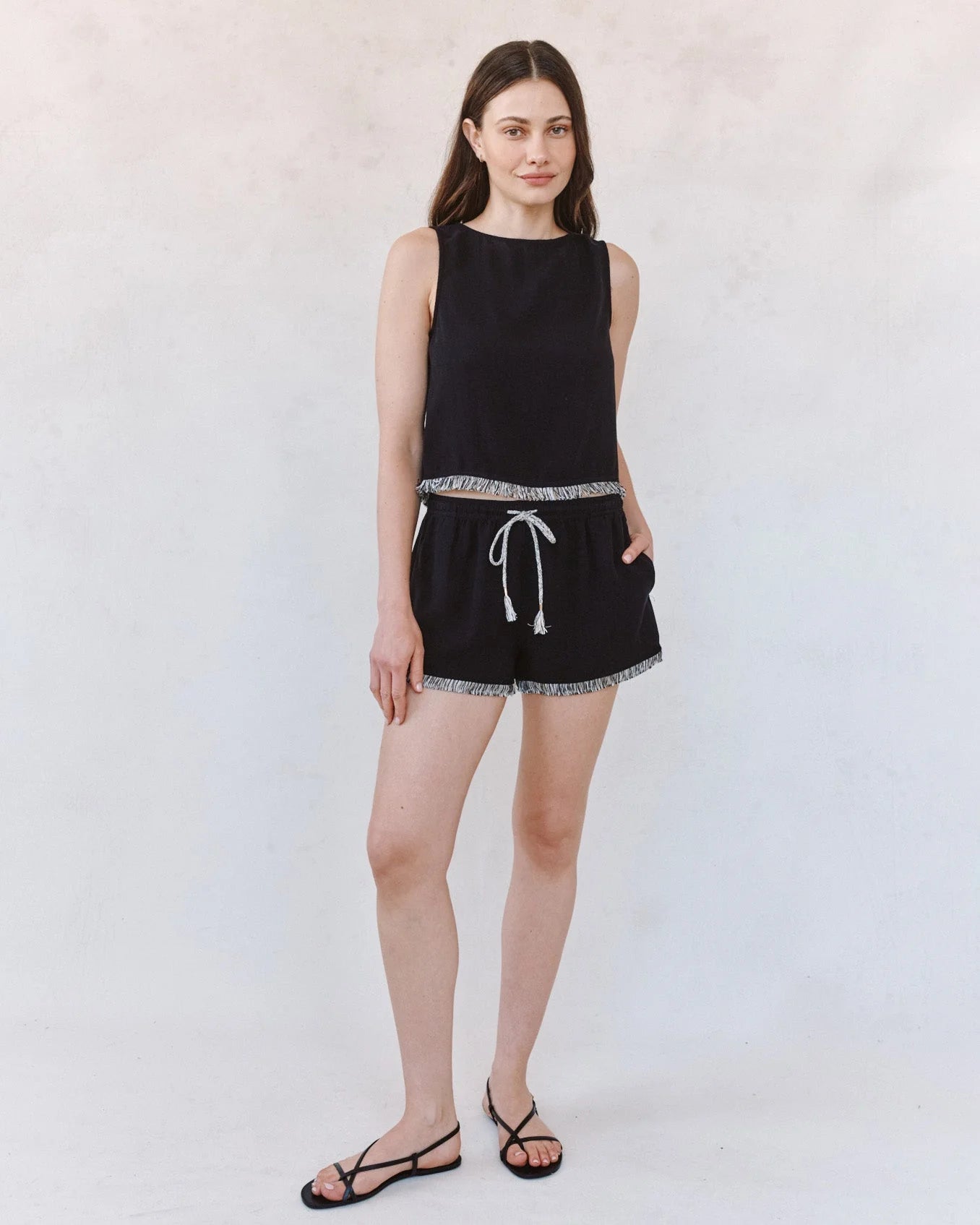 Sleeveless Fray Trim - Black tank with button back by BELLA DAHL in women's short sleeves