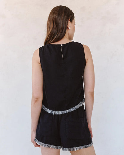 Sleeveless Fray Trim - Black sleeveless crew neck tank with button back by BELLA DAHL