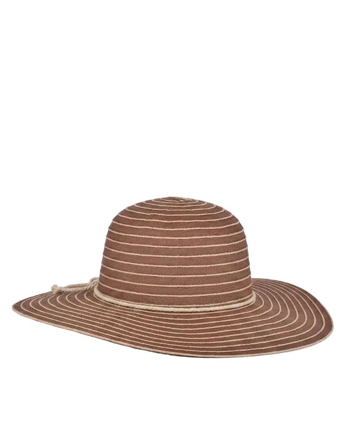 Sonia Ribbon Crown 4" striped wide brim sun hats in blue, brown, beige, and cream curated Fredericksburg