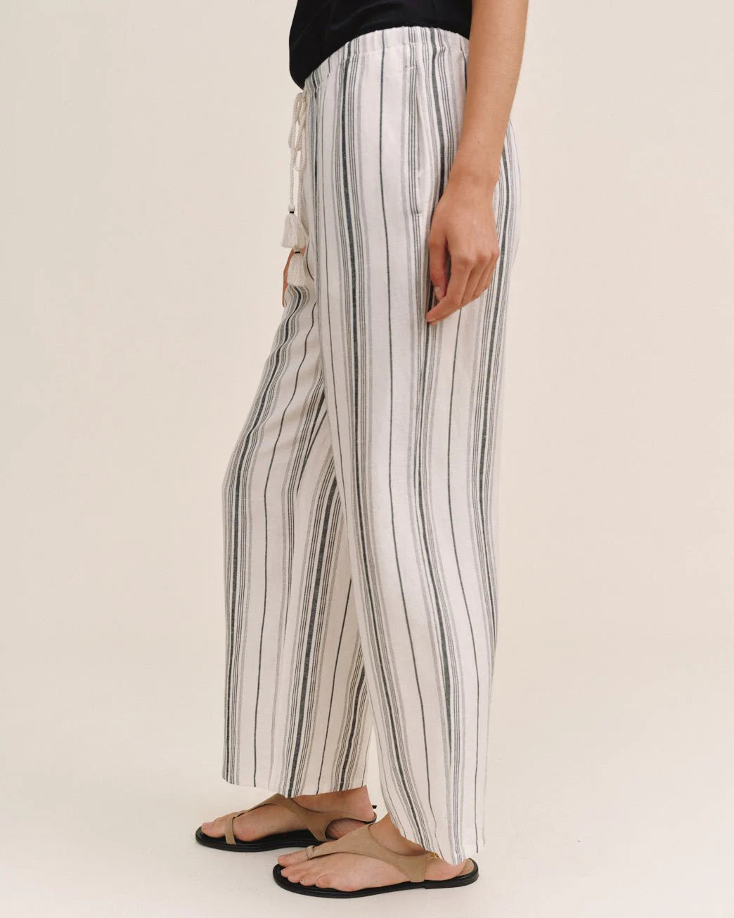 Tassel Cord Drawstring Crop - Boardwalk Stripe wide pants in black, ivory, beige by BELLA DAHL