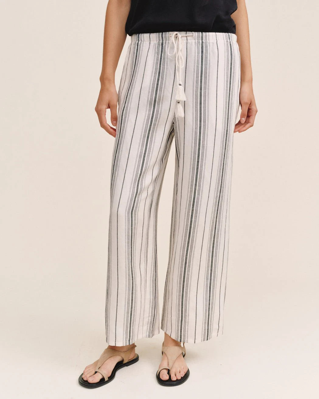 Tassel Cord Drawstring Crop - Boardwalk Stripe wide pants in black, ivory, beige by BELLA DAHL