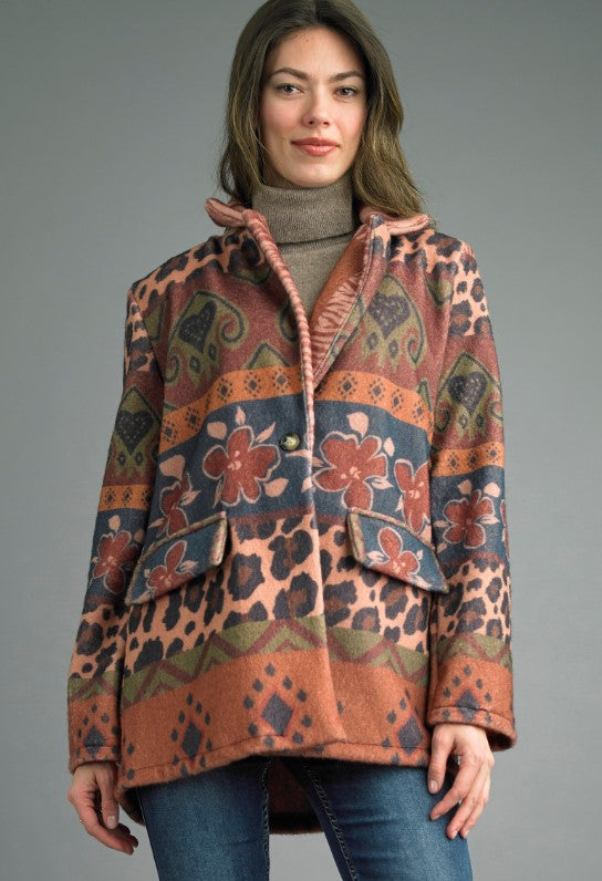 Printed Jacket in animal and floral patterns with geometric accents, women's jackets at HCO Fredericksburg