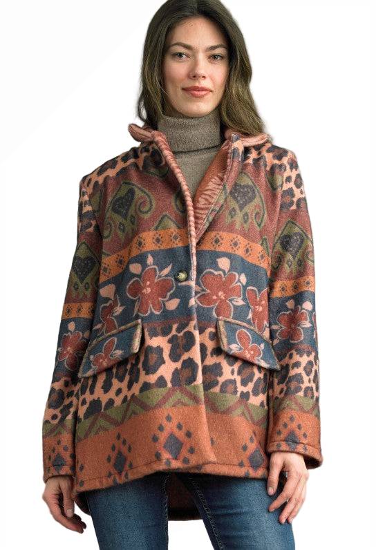 Printed Jacket with animal, floral, and geometric patterns in warm earthy tones by TEMPO PARIS