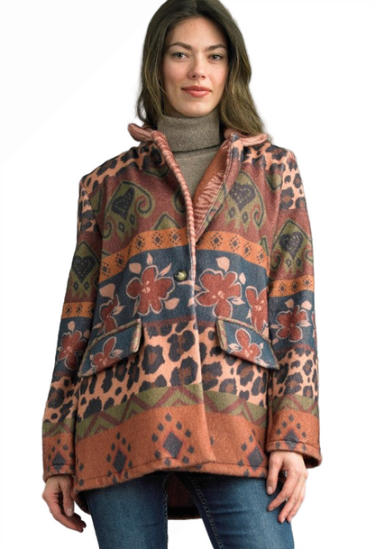 Printed Jacket with animal, floral, and geometric patterns in warm earthy tones by TEMPO PARIS
