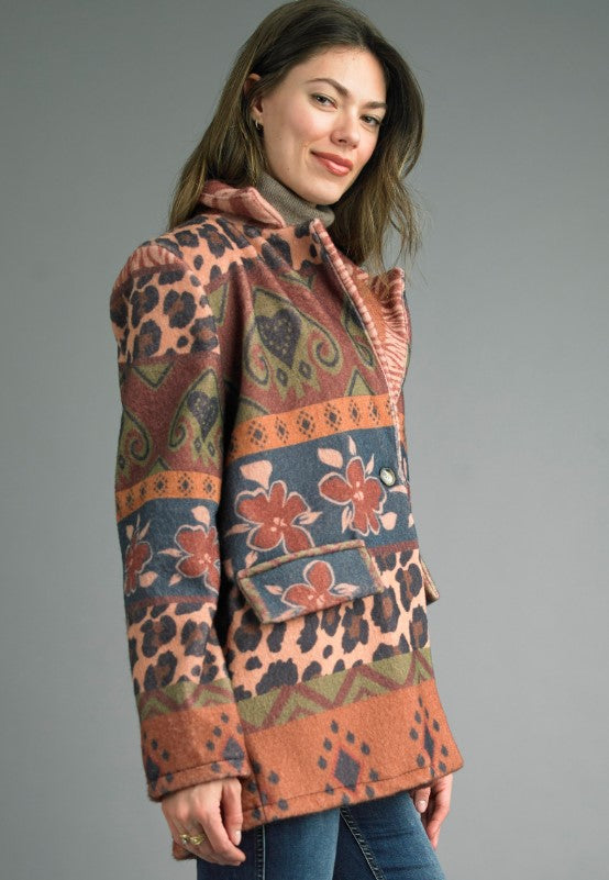 Printed Jacket with animal, floral, and geometric patterns, lightweight and durable weave