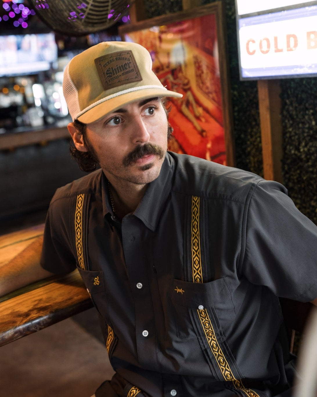 Guayabera Libre - Shiner shirt in black with yellow embroidered stripes, TEXAS STANDARD, HCO arrivals