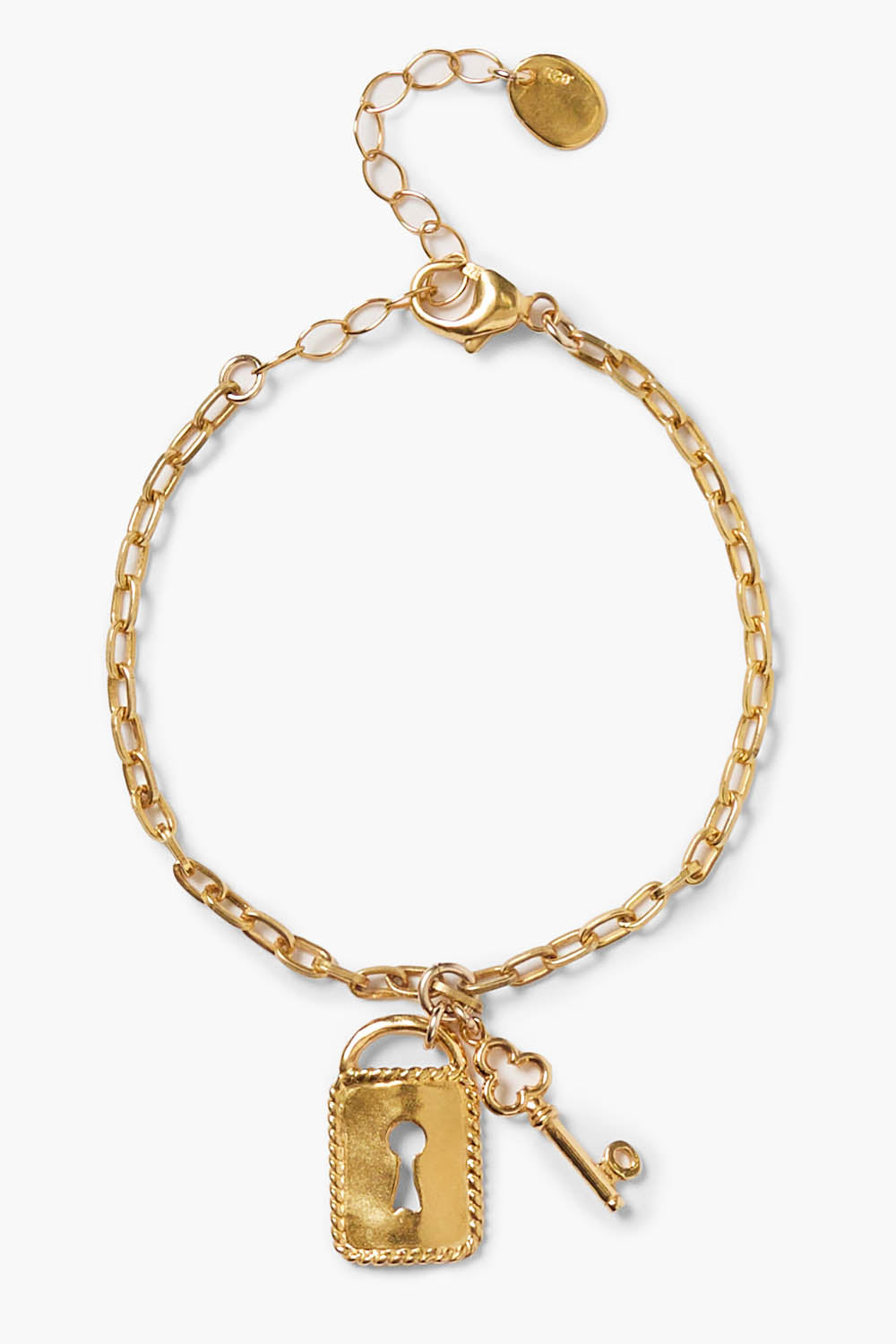 Yellow gold chain bracelet with padlock charm and key, coin accent