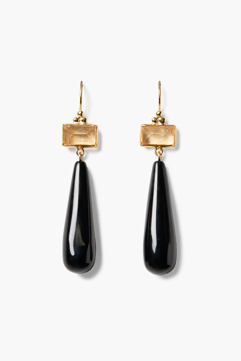 Black agate drop earrings with rectangular gold-toned top and teardrop stones