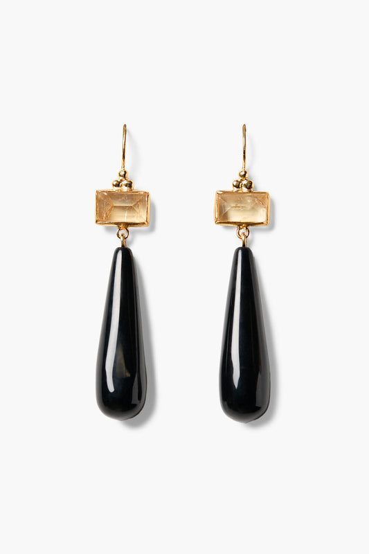 Black agate drop earrings with rectangular gold-toned top and teardrop stones