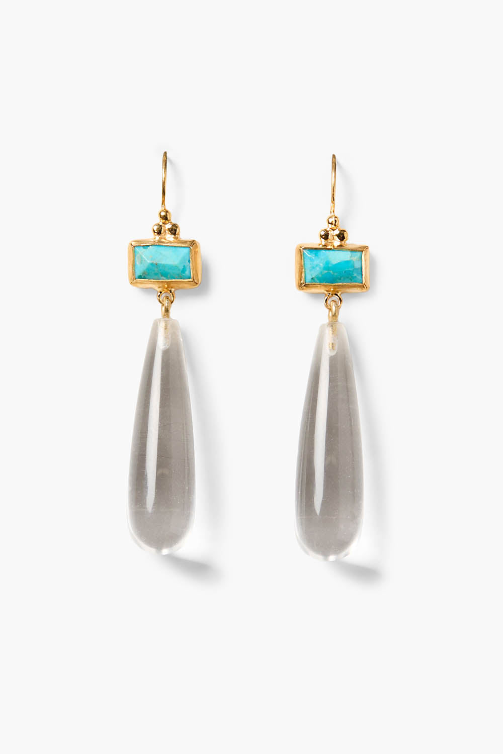 Clear Quartz drop earrings with gold hooks, blue top and clear faceted drops