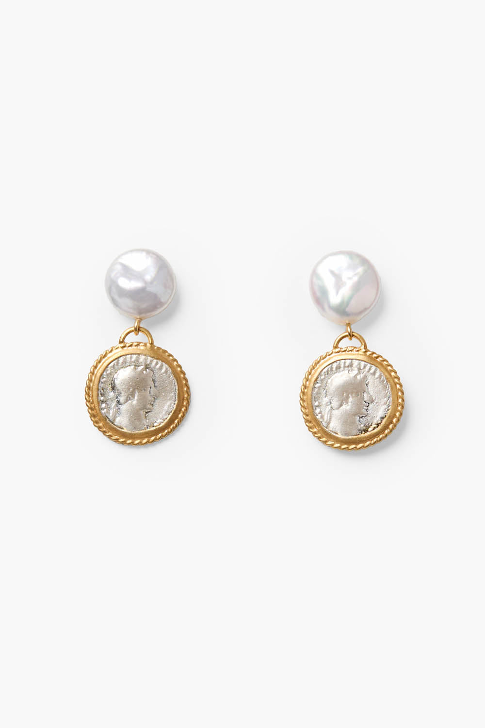 White Pearl stud earrings with coin-style medallion and gold-tone round frame