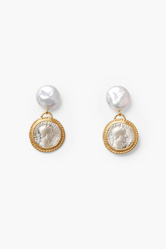 White Pearl stud earrings with coin-style medallion and gold-tone round frame