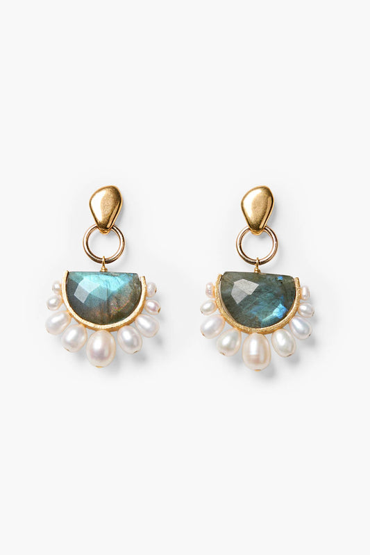 Labradorite dangle earrings with teardrop stone and gold-tone pearl fringe