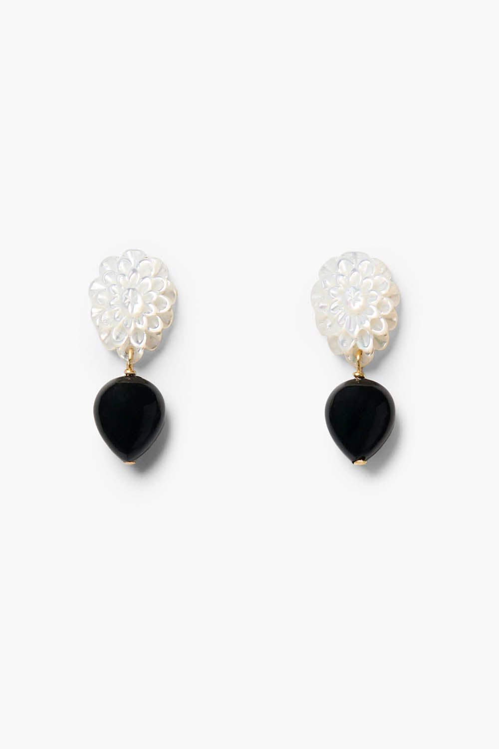 White Mop earrings with white floral studs and black teardrop dangles