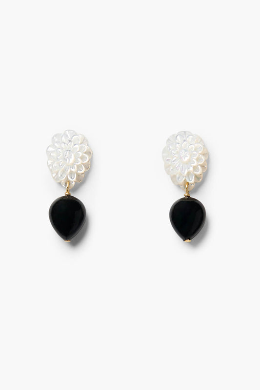 White Mop earrings with white floral studs and black teardrop dangles