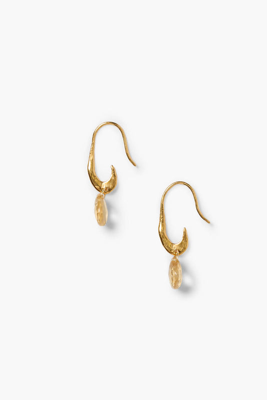 Citrine gold-tone drop earrings with small charm and curved hook, dangling