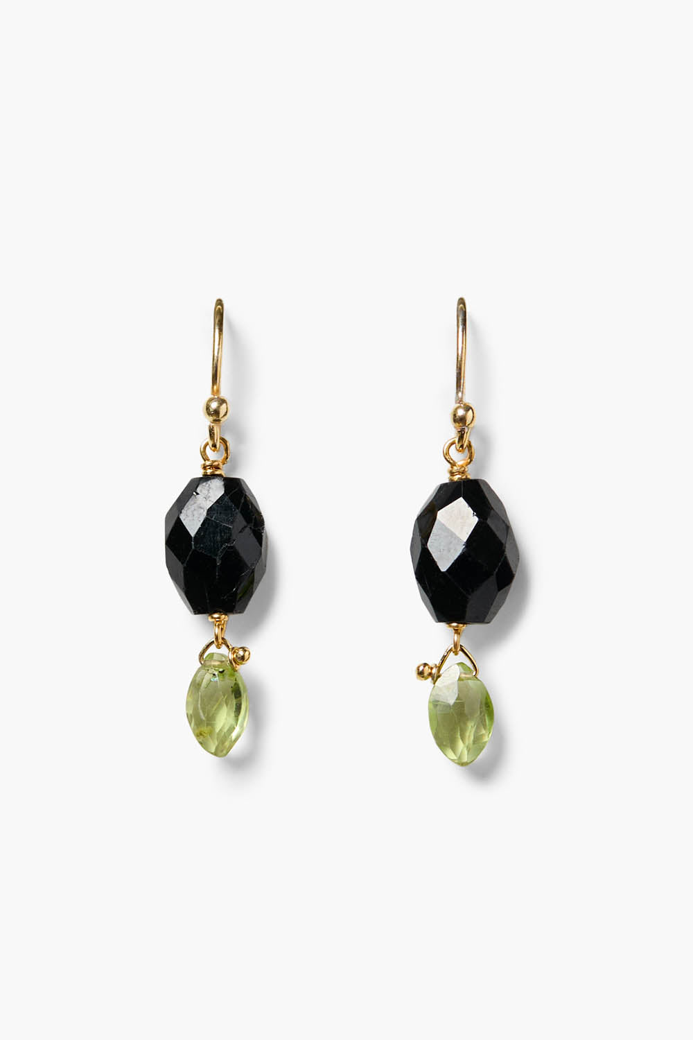 Eg-5923 Black Tourmaline drop earrings with black faceted stone and light green teardrop