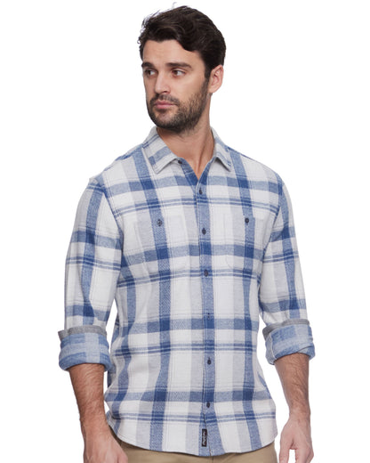 FLAG & ANTHEM Cordova long-sleeve knit flannel shirt, cream and blue plaid, button front